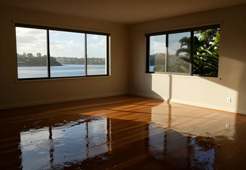 Water-damaged living room in Waterfall before restoration
